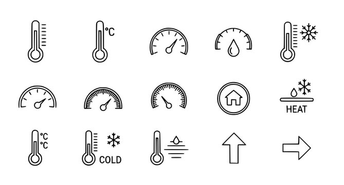 Set of temperature and climate control vector icons featuring thermometers and gauges for weather and environmental monitoring design isolated on white background in professional clean line art style