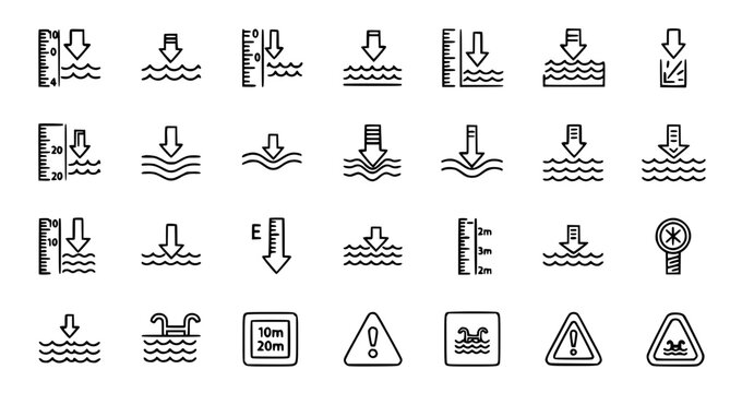 Set of water level measurement icons featuring depth indicators and flood safety signs for hydrologic research and environmental monitoring projects in clean black line art style on white background