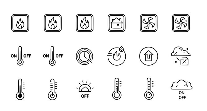 Collection of smart home climate and HVAC control icons featuring fire flame symbols thermometer gauges and ventilation settings in clean line art style for modern energy management interface design