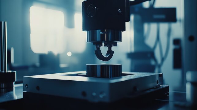 Advanced robotic arm carefully manipulating a manufactured component on a specialized measurement or assembly platform, showcasing automation and high tech industrial processes