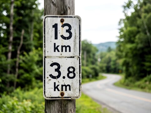 Weathered distance marker sign on a wooden post along a winding rural road
