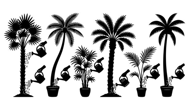 Tropical Palm Tree Silhouette Set Watering Plants Black Vector Collection
