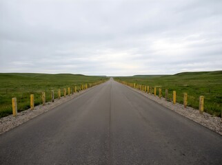 Fototapeta premium Long Straight Asphalt Road Through Green Rolling Hills Under Cloudy Sky