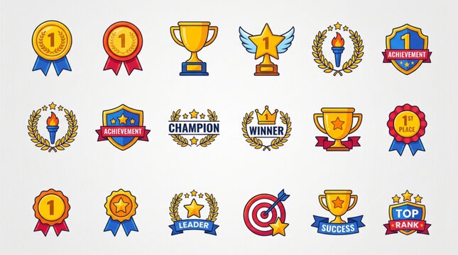 Collection of award icons representing achievement, victory, success, and recognition with medals, trophies, and badges in a flat design style