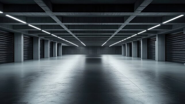 Empty industrial basement parking garage with rows of storage lockers, minimalist concrete structure, modern lighting and dark reflective floor creating a futuristic, symmetrical space