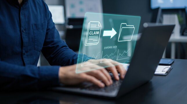 Digital Expense Claim and Document Processing Concept: Person Typing on Laptop with Holographic Interface in Dark Office