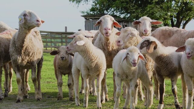 Close-up 4K shot of a sheep flock standing and panting in the heat on a sunny day. Cinematic view of domestic sheep breathing heavily during a hot summer afternoon in a rural farm environment.