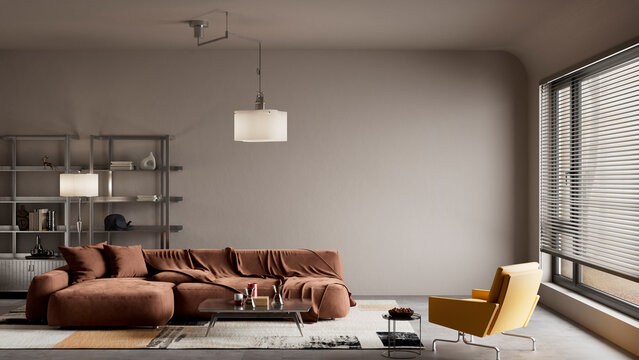 Luxury dark living room interior with negative space, warm ambient lighting and modern sectional sofa decor. 3D illustration