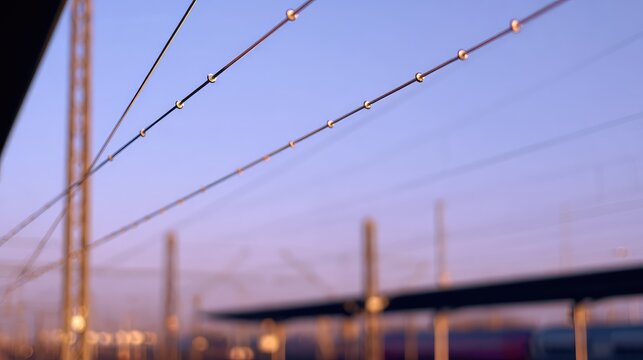 Infrastructure of electric power lines extending across the frame, providing vital energy for modern transportation at a train station during a colorful twilight