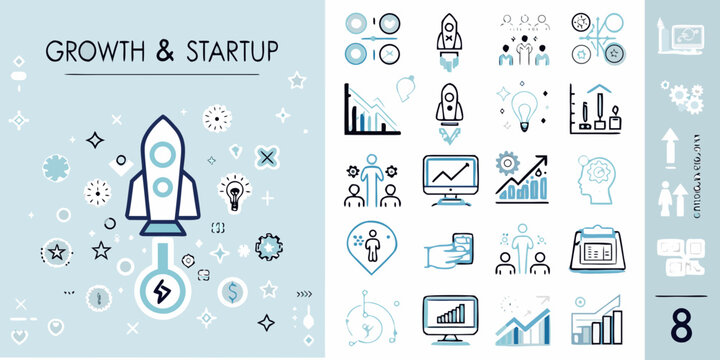 growth and startup themed icon set with rocket and business illustrations in light blue