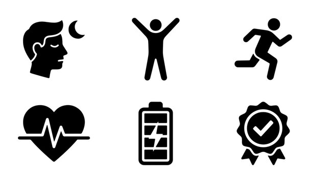 Health and Wellness Icons Set: Sleep, Exercise, Energy, Heartbeat, Battery, Achievement - Vector Graphics for Lifestyle and Medical Concepts