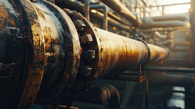 Massive industrial pipeline connecting sections with rusted flanges and bolts, conveying fluids or gases within a complex factory or refinery structure during a warm sunset light