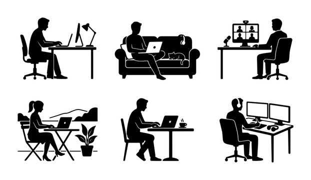 Remote Work Silhouettes: Diverse Home Office, Cafe & Gaming Setups, 6 Icons for Digital Nomad Lifestyle and Freelance Work