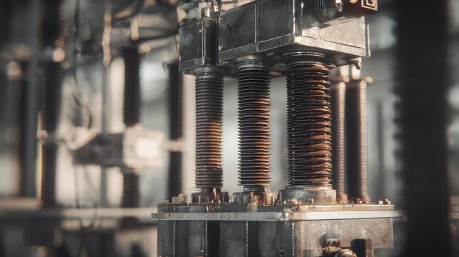 Precision engineered mechanical components with powerful threaded rods and metal structures in an industrial workshop environment highlighting technology and engineering craftsmanship