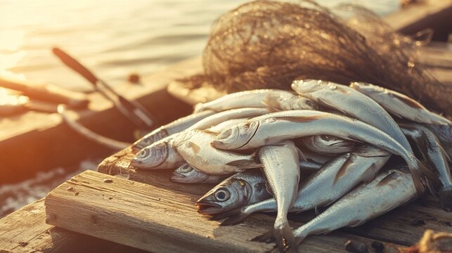 slippery. A pile of glistening silver sea fish on a wooden dock with nets and tools. wildlife magazines, conservation campaigns, designed for nature documentaries and education.