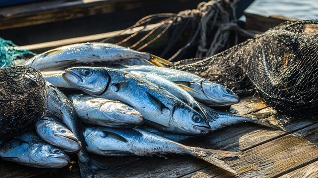 slippery. A pile of glistening silver sea fish on a wooden dock with nets and tools. wildlife magazines, conservation campaigns, designed for nature documentaries and education.
