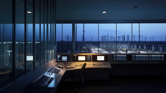 Control room operators remotely managing and monitoring the complex power distribution infrastructure of an electrical substation, ensuring reliable electricity supply