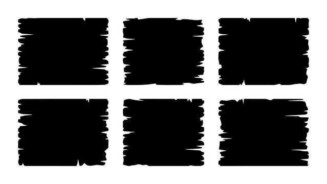 Set of 6 distressed black grunge texture rectangles for graphic design elements and backgrounds