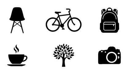 Minimalist Black Icons Set: Chair, Bicycle, Backpack, Coffee Cup, Tree, Camera, Vector Graphics for Lifestyle and Travel Themes © Sadia