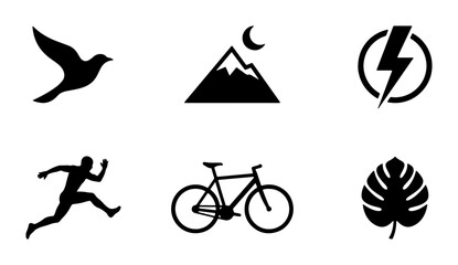 Silhouette Icons Set: Bird, Mountain, Lightning Bolt, Runner, Bicycle, Leaf  Minimalist Vector Graphics for Sports, Nature, and Technology Themes © Sadia