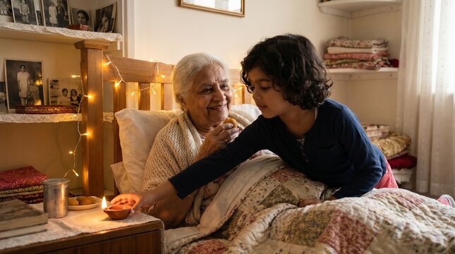 Young Indian Girl Caring for Ailing Grandmother by Placing a Lit Diya and Sharing Sweets During Diwali Celebration at Home