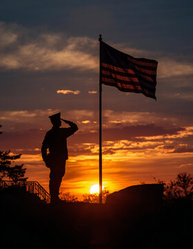 Soldier saluting flag at sunset, patriotic silhouette
