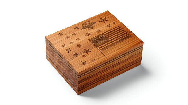 Wooden jewelry box with an engraved american flag and stars design on the lid