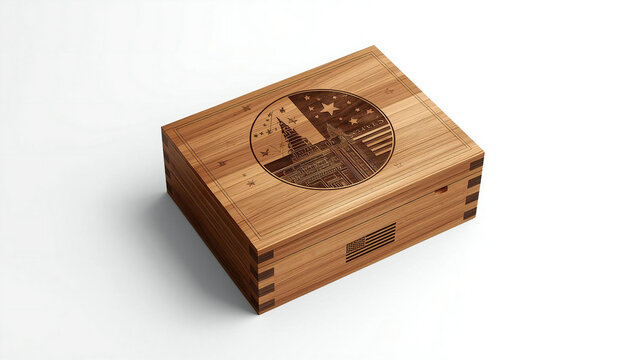 Small wooden storage box with a laser engraved space theme design on the lid surface