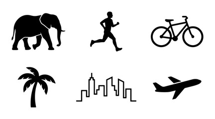 Diverse Silhouette Icons: Elephant, Runner, Bicycle, Palm Tree, Cityscape, Airplane. Vector Graphics for Travel, Lifestyle, and Nature Themes. © Sadia