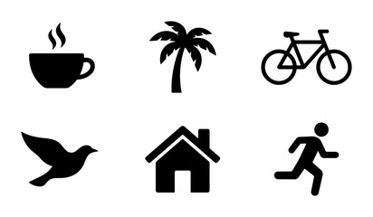 Collection of Six Simple Black Icons: Coffee Cup, Palm Tree, Bicycle, Bird, House, Runner. Versatile Vector Graphics for Lifestyle and Travel Themes. © Sadia