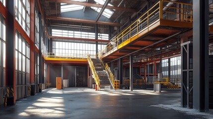 Obraz premium Spacious industrial warehouse interior with steel mezzanine and staircase, bright sunlight and skylights casting crisp shadows across polished concrete floor and open plan space