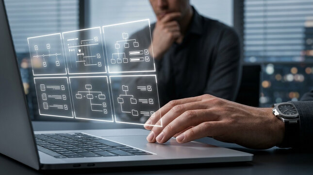Business professionals analyzing project management flowcharts and data organization on holographic laptop interface