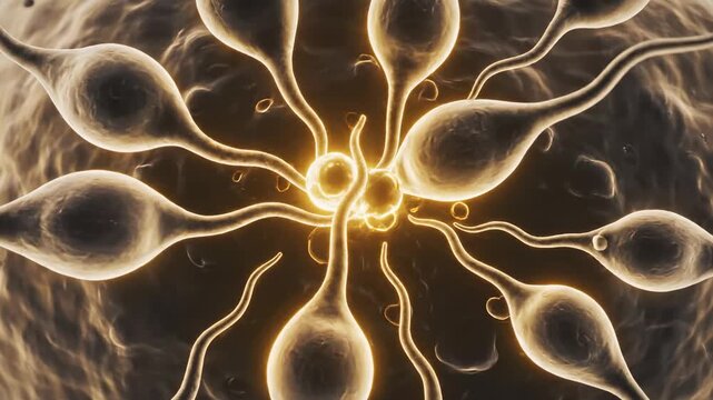 This shows a detailed view of sperm cells approaching an egg, illustrating the IVF process and fertilization. The microscopic footage provides a clear understanding of reproductive biology and medical