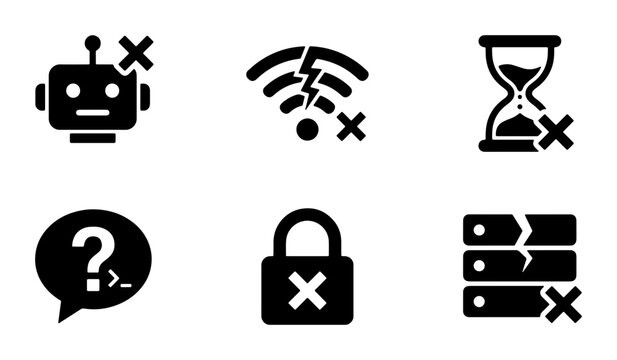 Set of 6 Error Icons: Robot, Wi-Fi, Hourglass, Question, Lock, Server, representing system failure, technical issues, and data problems, vector graphics