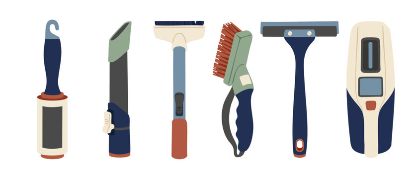 Cleaning Tool Set Professional Equipment for Household Maintenance and Hygiene. Collection of vacuum cleaner attachments, lint roller, squeegee and scrubbing brush for deep domestic house cleaning tas
