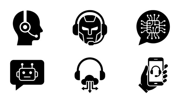 Customer Service Icons: Headset, Robot, AI Chip, and Mobile Support Vector Graphics, Modern Tech Support Symbols