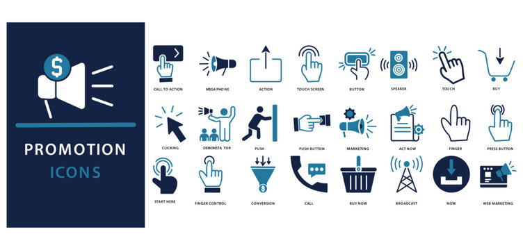 promotion icon set of   call to action, megaphone,
action,  touch screen, button, speaker, touch, buy, clicking, demonstrator, push, marketing, push button, promotion, act now, finger, press button, 