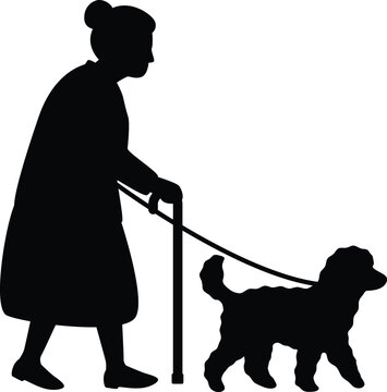Silhouette of Senior Woman Walking Small Dog Using a Cane