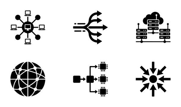 Network Connection Icons, Data Flow Symbols, Server Technology Graphics, Global Connectivity Icons, Computer Chip Diagrams, Centralization Icons, 6 Vector Elements for Tech Concepts