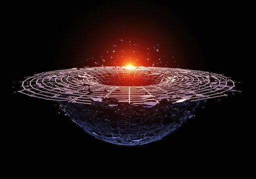 Abstract illustration showing a conceptual breakdown of the gravitational field structure, leaving a vast, dark, empty void, blank, particle, render