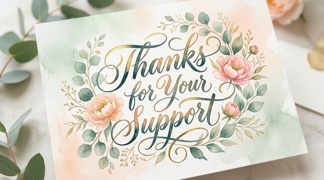 Thanks for Your Support, artistic hand-lettered typography with smooth brush calligraphy and unique ornamental swashes, watercolor ink effect with gold foil accents, surrounded by lush eucalyptus