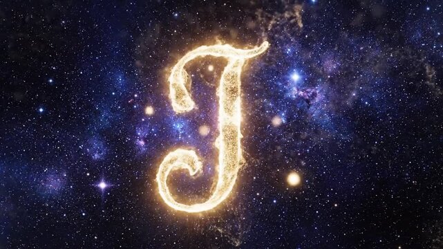 Golden Letter J Forming from Glowing Particles in Deep Space Animated Motion Graphic Background