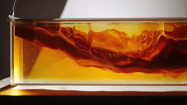 Abstract golden liquid moving dynamically inside a clear container, forming intricate patterns and textures with shimmering particles, creating a sense of fluid motion and artistic expression