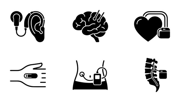 Medical Device Icons: Hearing Aid, Brain Stimulator, Pacemaker, Insulin Pump, Spinal Cord Stimulator, Cochlear Implant - Healthcare Technology Vector Set