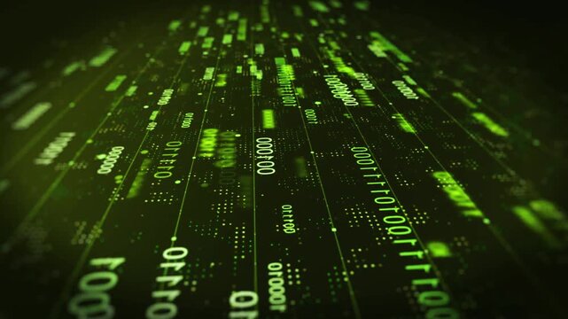 Digital data stream with green binary code and numbers