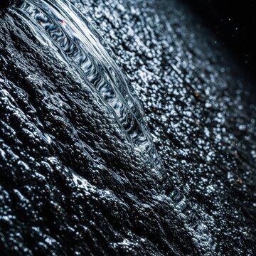 Close up of clear water flowing over a highly textured black surface, washing away remaining residue and impurity, texture, sterile, health
