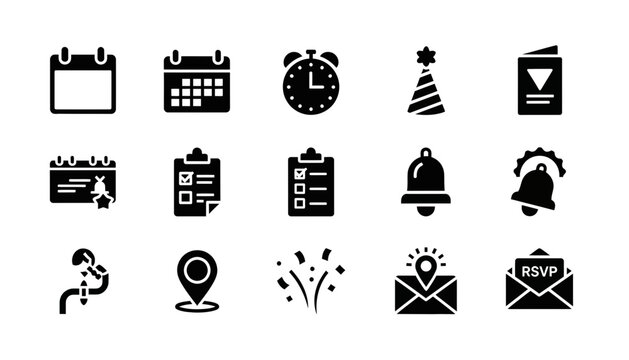 Event Planning, Calendar, Notification, Location, RSVP Black Vector Icons