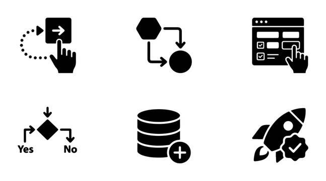 Workflow Icons Set: Process Flow, Database, Launch, User Interface, Decision Tree, Data Management Vector Graphics