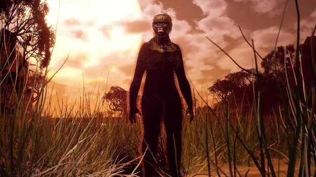 Australopithecus in African savanna at sunset, human evolution ancestor standing in tall grass, pre-human species landscape.