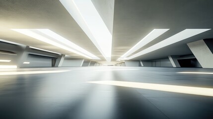 Obraz premium Futuristic interior space with bright natural light streaks down from ceiling skylights, creating a bright and minimalist environment with clean lines and a vast empty floor
